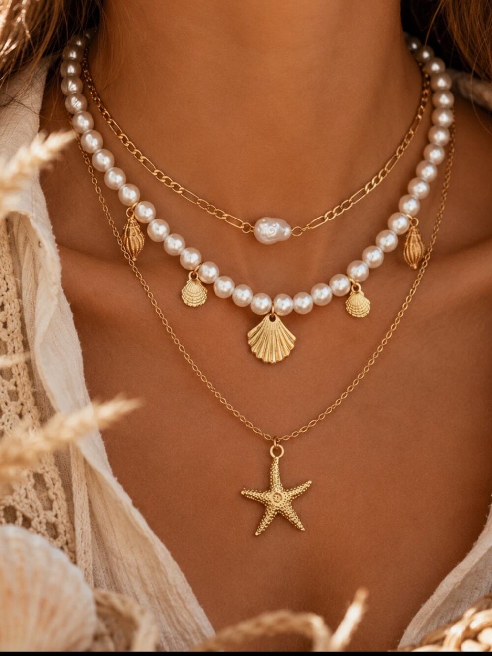 Boho Coastal Layered Necklace Set | UV Plated Pearl, Shell & Starfish Necklace